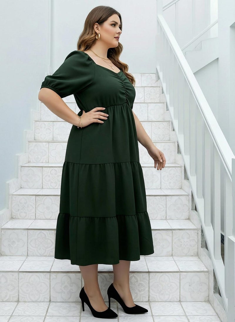Globus Gloplus Women Olive Sweetheart Neck Puff Sleeves Self Design Ruched Detail Tiered Midi Plus Size A-Line Dress - Image 3